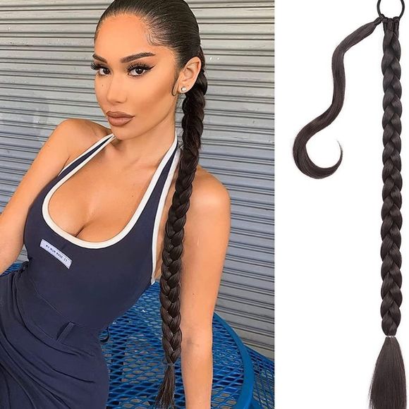 Long Braided Ponytail Extension with Hair Tie 32 Inches Straight Wrap - Picture 4 of 8